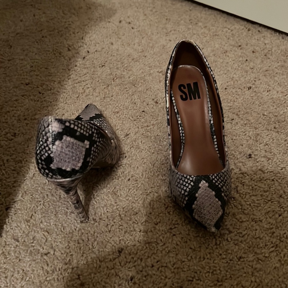 Black, gray, snake print heels